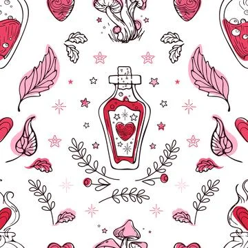 Bright modern pattern for Valentines Day. Boiling magic witch love potion in Stock Illustration