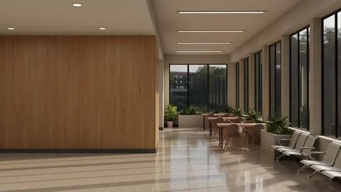 Bright Modern Waiting Lounge Interior with Timber Wall and Dining Tables Illustration