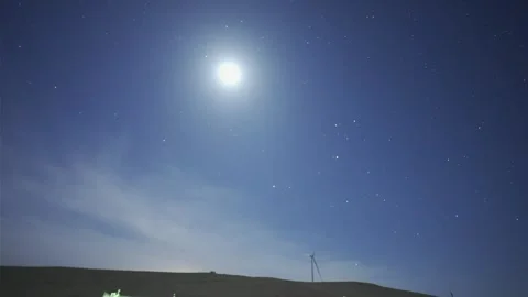 Bright Moon and Starry Sky Above Wind Turbine at Night Stock Footage 333840902
