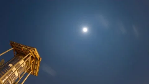 Bright moon light n shimmering star on dark night blue sky Video stock 152808296