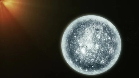 Bright moon-like planet in dark space with sun flare and starry background Stock Footage 340389492