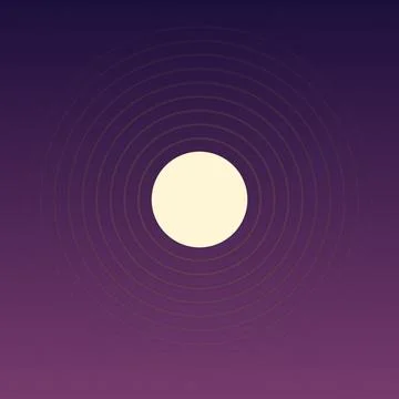 Bright moon surrounded by concentric rings on deep purple gradient background Stock Illustration