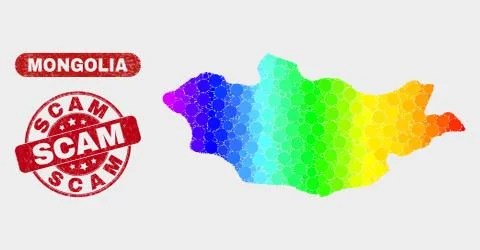 Bright Mosaic Mongolia Map and Grunge Scam Stamp Stock Illustration