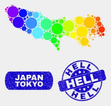 Bright Mosaic Tokyo Prefecture Map and Grunge Hell Stamp Stock-Illustration