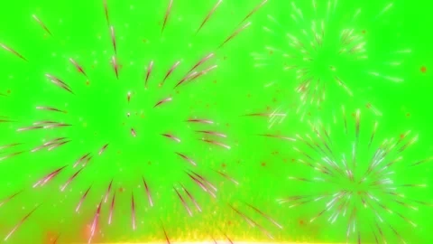 Bright multi colored fireworks explosions set against a vibrant green screen Stock Footage 338388340
