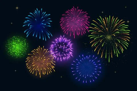 Bright, multi-colored fireworks in the night sky. Vector realistic illustration. Stock Illustration