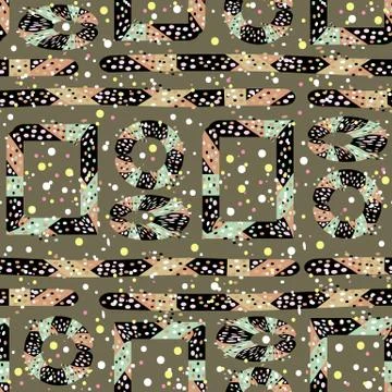 Bright multi-colored geometric shapes and dots on khaki green Stock Illustration