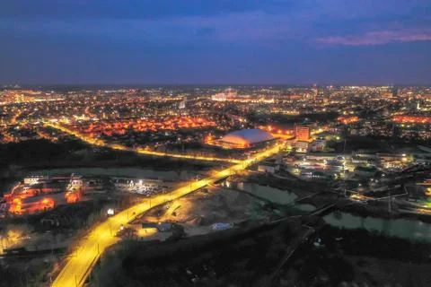 Bright multi-colored lights of evening Ivanovo from a bird's eye view. Stock Photos