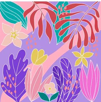 Bright multi-colored pattern with flowers and leaves on a pink and lilac Illustrazione stock