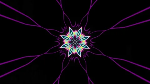 A bright multi-colored pulsating abstract flower on a black background. Video stock 194250059