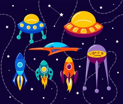 Bright multi-colored rockets in space set. Galaxy, dreams, universe. Space Stock Illustration