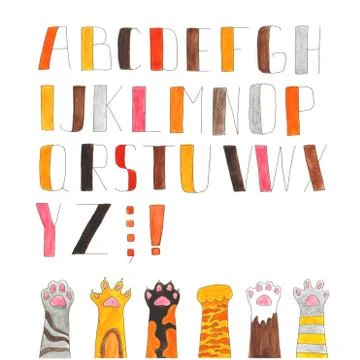 Bright multi-colored watercolor alphabet with cat paws isolated on white back Stock Illustration