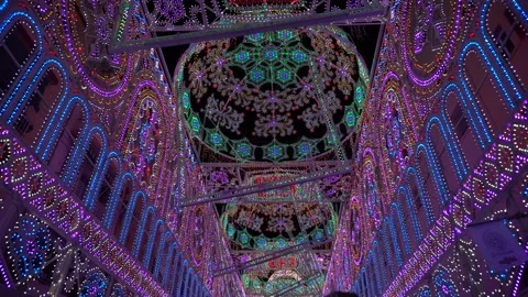 Bright multi-coloured amazing light show Open air street Light show display for Stock Footage 133493914
