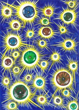 Bright multicolor bubbles in light yellow stars on a beautiful multicolored iris Stock Illustration