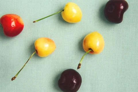Bright multicolored cherry on green background Stock Photos