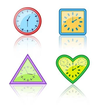 Bright multicolored different forms of clocks with reflection on white Stock Illustration