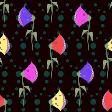 Bright Multicolored Flower On Black Vector Repeat Pattern Stock Illustration