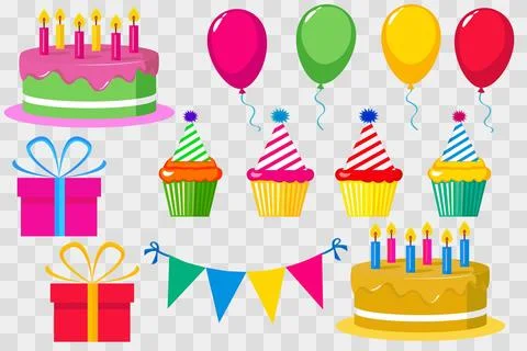 Bright multicolored isolated vector elements happy birthday, cakes cupcakes Illustrazione stock