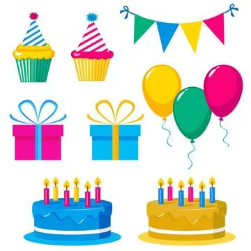 Bright multicolored isolated vector elements happy birthday for girl, cakes Stock Illustration