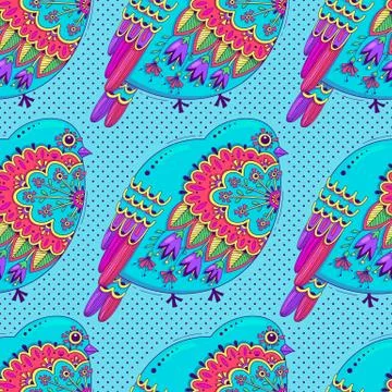 Bright multicolored seamless pattern with birds and floral ornament on Stock Illustration