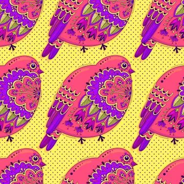 Bright multicolored seamless pattern with birds and floral ornament on Stock Illustration