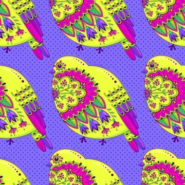 Bright multicolored seamless pattern with birds and floral ornament on Stock Illustration