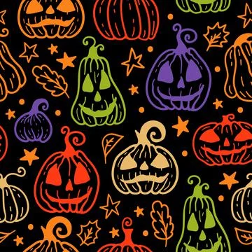 Bright multicolored seamless pattern of cartoon Halloween pumpkin on black Stock Illustration