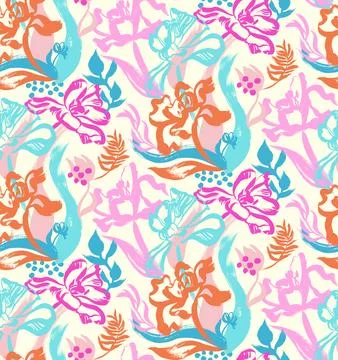 Bright multicolored seamless pattern with painted flowers tulips Stock Illustration