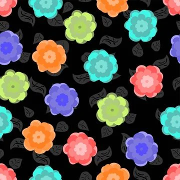 Bright Multicolored Vector Floral Repeat Pattern On Black Stock Illustration