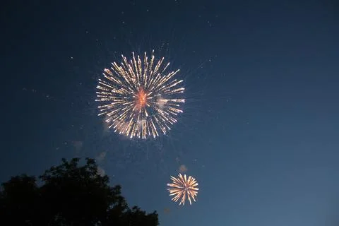 Bright multiple fireworks bursting in the twilight sky above trees Stock Photos
