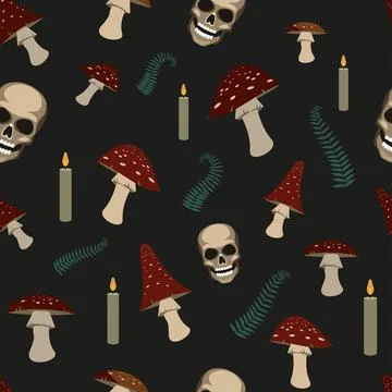 Bright mystical pattern with fly agaric and fern isolated on a dark backgroun Stock Illustration