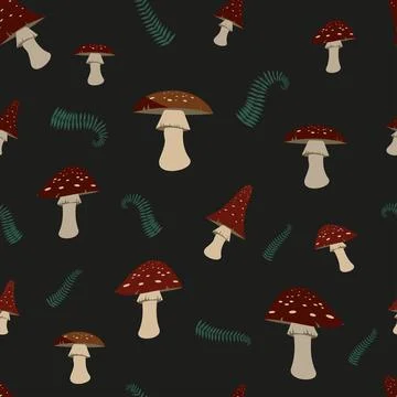 Bright mystical pattern with fly agaric and fern isolated on a dark backgroun Stock Illustration