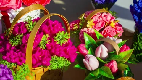 Bright, natural, eco-friendly shaped flowers basket. Decorative soap, animation Stock Footage 344569601