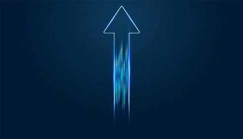 A bright neon arrow points straight up, symbolizing the rapid Growth of mod.. Иллюстрация