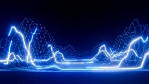 Bright neon blue digital data stream flowing on dark background, representing Stock Illustration