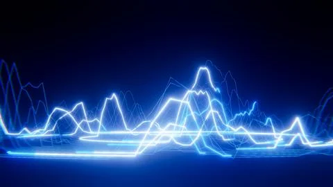 Bright neon blue digital data stream flowing on dark background, representing Stock Illustration