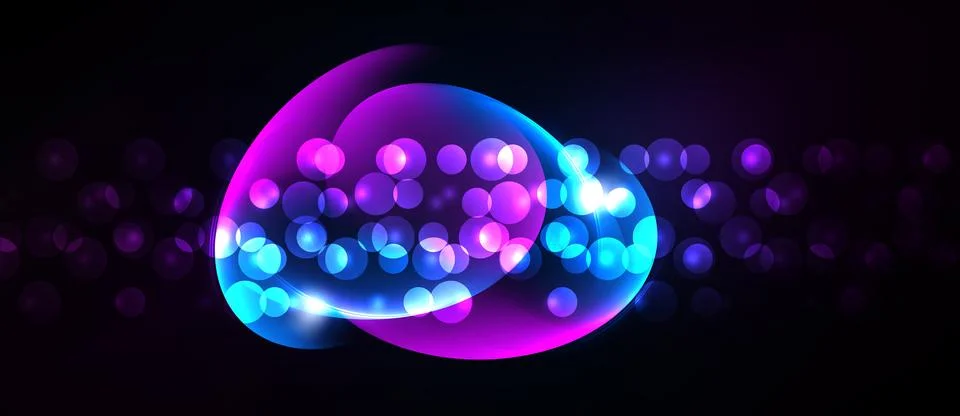 Bright neon circles float against dark background. Vibrant purple, blue hues Stock Illustration