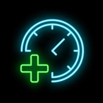 Bright neon clock glowing blue and green on black background illustrating con Stockillustratie