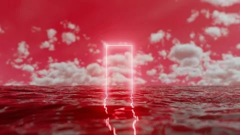 Bright neon gate emerging from red ocean under cloudy sky Stock Illustration