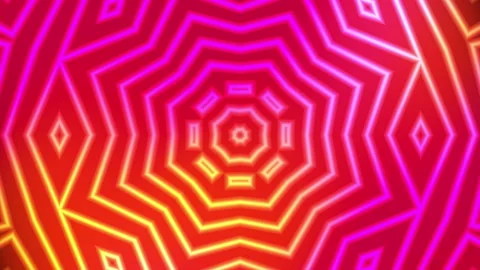 Bright neon geometric patterns yellow orange red symmetrical hexagonal shape. Video stock 335467798