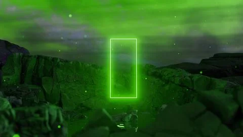 Bright neon green rectangular portal floating above rocks in alien landscape Stock Illustration