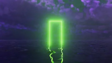 Bright neon green rectangular portal emerging from dark ocean under cloudy sk Illustrazione stock