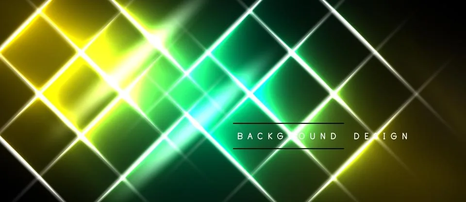 Bright neon grid pattern. Green, yellow light beams intersect. Dark backgroun Stock Illustration