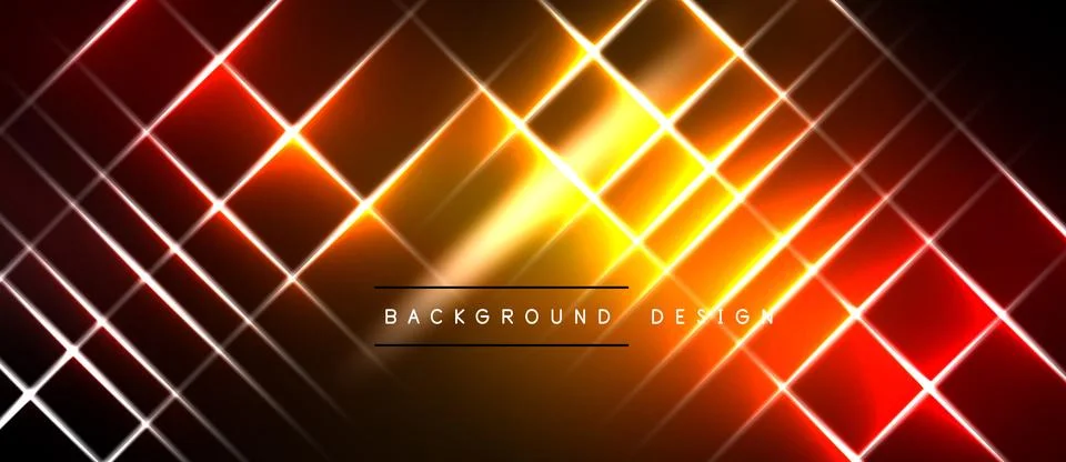 Bright neon grid pattern. Orange, yellow, red hues dominate dark backdrop. Stock Illustration
