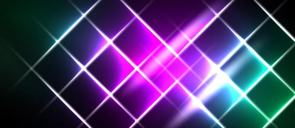 Bright neon grid pattern. Vivid purple, teal, cyan hues create dynamic visual Ilustración de archivo