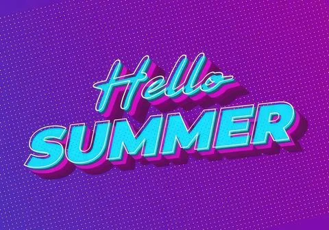 Bright neon hello summer text on vibrant purple background Stock Illustration
