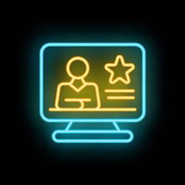 Bright neon icon of a computer screen displaying user profile information wit Stock Illustration