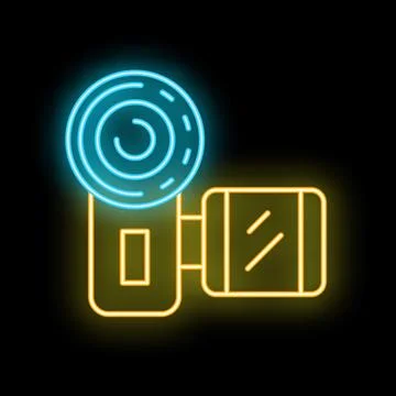 Bright neon icon of professional digital camcorder glowing on black backgroun Stock Illustration