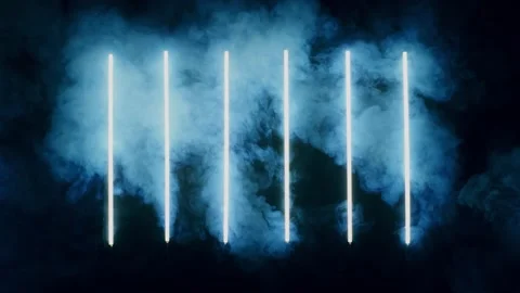 Bright neon light beams piercing dark smoke. Dynamic glowing rays creating drama Stock Footage 340450200
