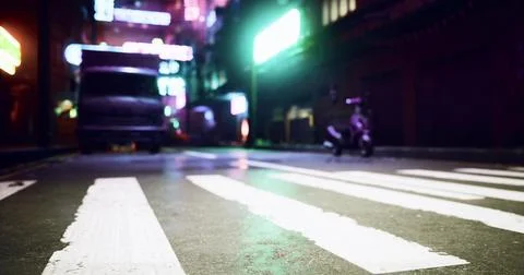 Bright neon lights illuminate an empty urban street at night Stock Illustration
